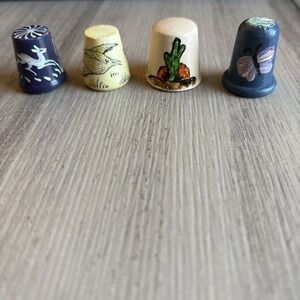 Vintage Lot of 4 Wooden Thimbles Hand Painted Rare Sewing Collectibles
